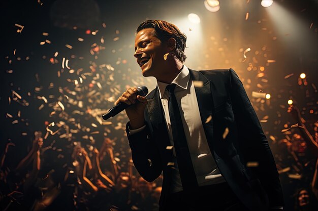 um homem cantando com um microfone na frente de um palco com confeti ao fundo