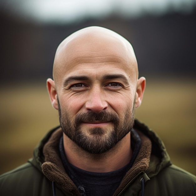 Um homem careca com barba está de pé num campo.