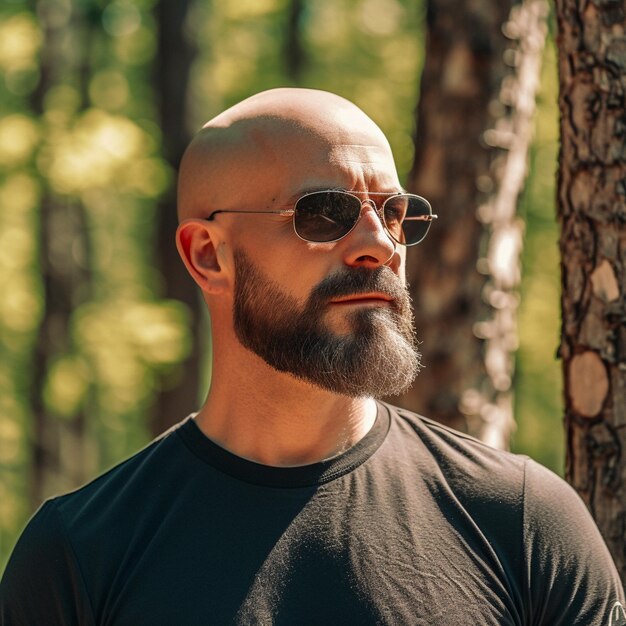 Um homem careca com óculos de sol e barba está numa floresta.