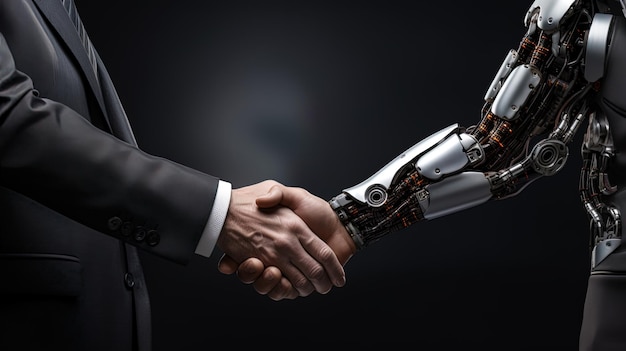 Um homem careca e a IA forjam uma conexão expressando camaradagem com sorrisos e um aperto de mão.