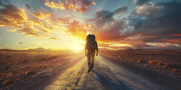 Um homem carregando uma mochila e caminhando ao longo de uma estrada deserta ao pôr do sol
