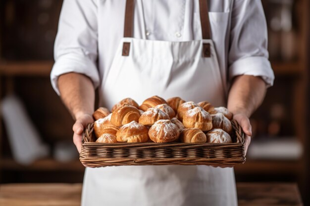 Um homem caucasiano adulto vestindo um avental branco segurando uma cesta de croissants frescos contra um fundo de padaria Publicidade para o seu negócio