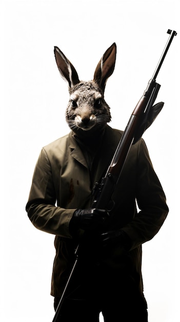 Foto um homem caucasiano com máscara de coelho a caçar com uma espingarda.