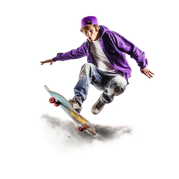 Um homem caucasiano fazendo truques ou pulando de skate na rua Jovem com skatista pulando