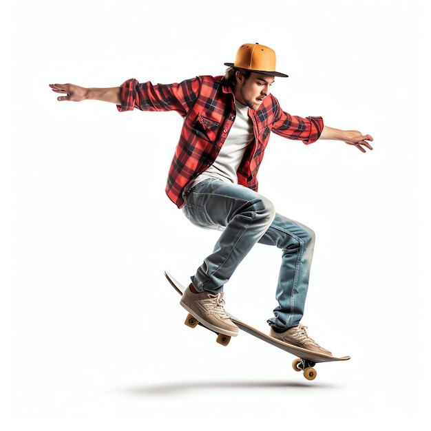 Foto um homem caucasiano fazendo truques ou pulando de skate na rua jovem com skatista pulando