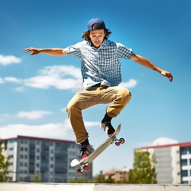 Um homem caucasiano fazendo truques ou pulando de skate na rua Jovem com skatista pulando