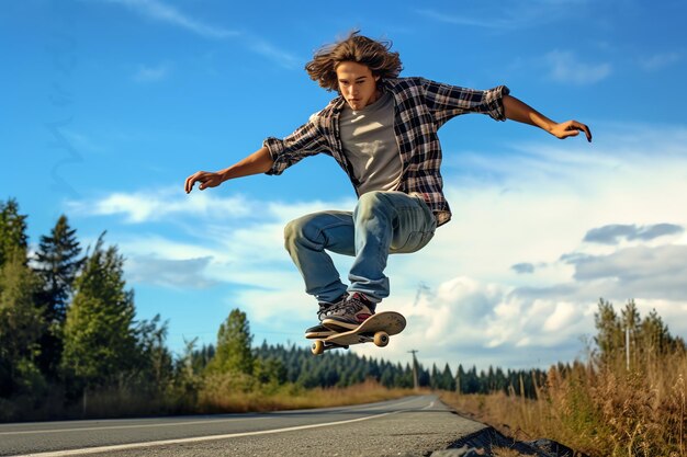 Um homem caucasiano fazendo truques ou pulando de skate na rua Jovem com skatista pulando