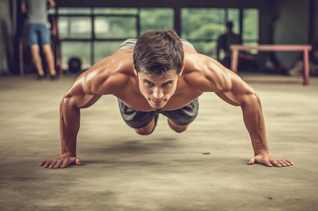 Foto um homem caucasiano musculoso treinando realizando o exercício 'flexões' na academia sem camisa