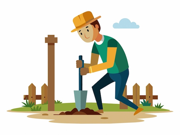 um homem cavando no jardim com uma cerca e uma cerca