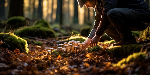 um homem coletando cogumelos em seu habitat natural Criado com tecnologia de IA generativa