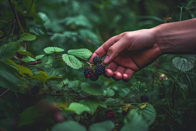 Um homem colhe a mão suculentas moras na Floresta Encantadora