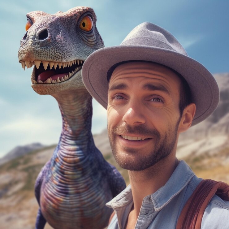 Foto um homem coloca a cabeça na boca de um dinossauro selfie