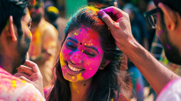 Um homem colocando cor no cabelo de uma mulher durante a celebração de Holi