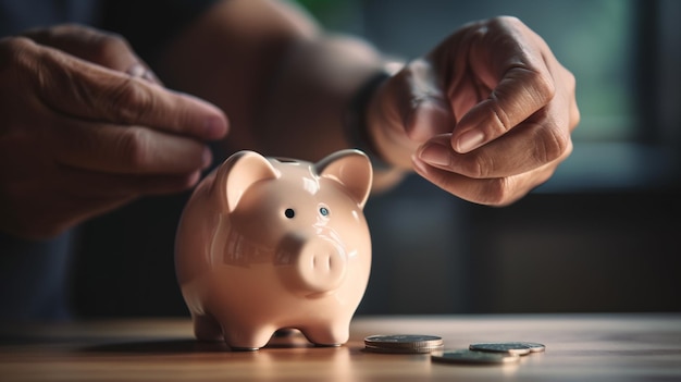 Foto um homem colocando moedas em um cofrinho