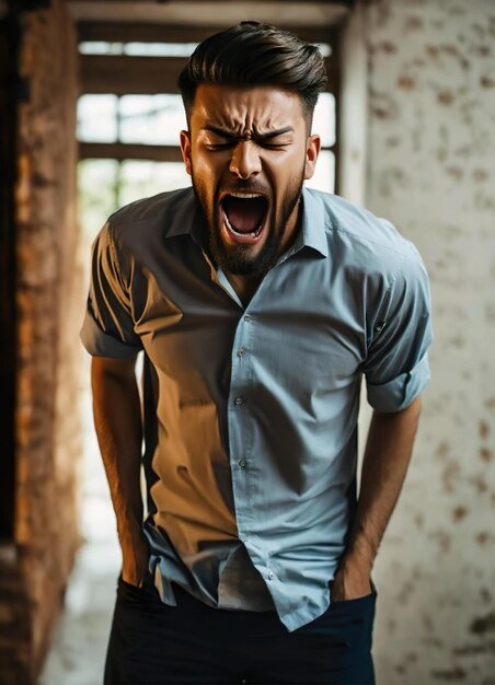 Foto um homem com a boca aberta está a gritar.