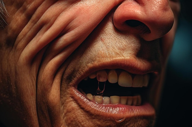 Foto um homem com a boca cheia de dentes.