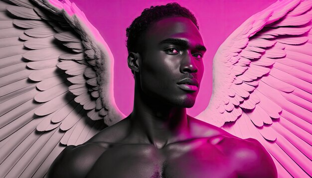 Foto um homem com asas de anjo em um fundo rosa