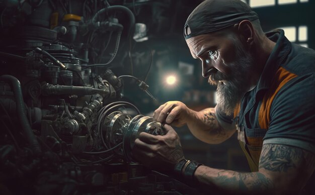 Um homem com barba e barba está trabalhando em um motor de carro.