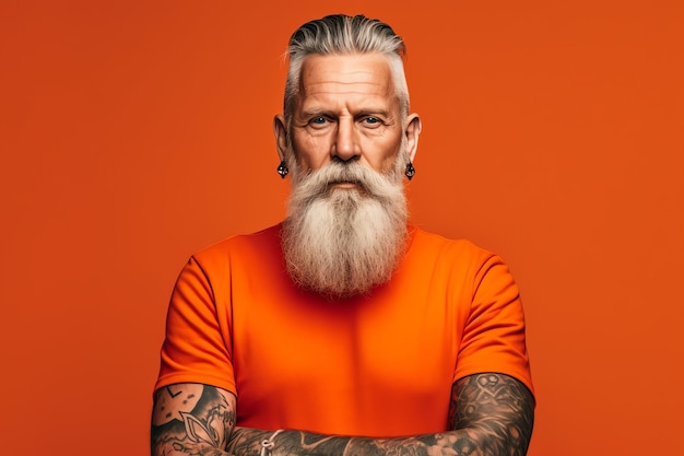 Um homem com barba e barba fica de camisa laranja com tatuagens nos braços