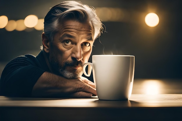 Um homem com barba e bigode está apoiado numa chávena de café.