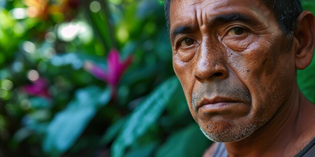 Foto um homem com barba e bigode está de pé na frente de uma planta com flores cor-de-rosa