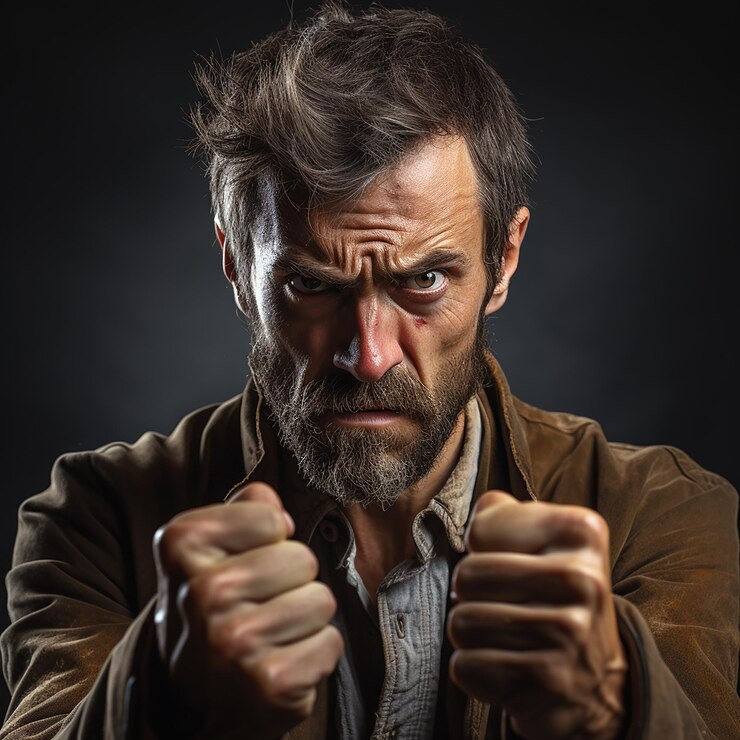 Foto um homem com barba e bigode vestindo uma jaqueta marrom
