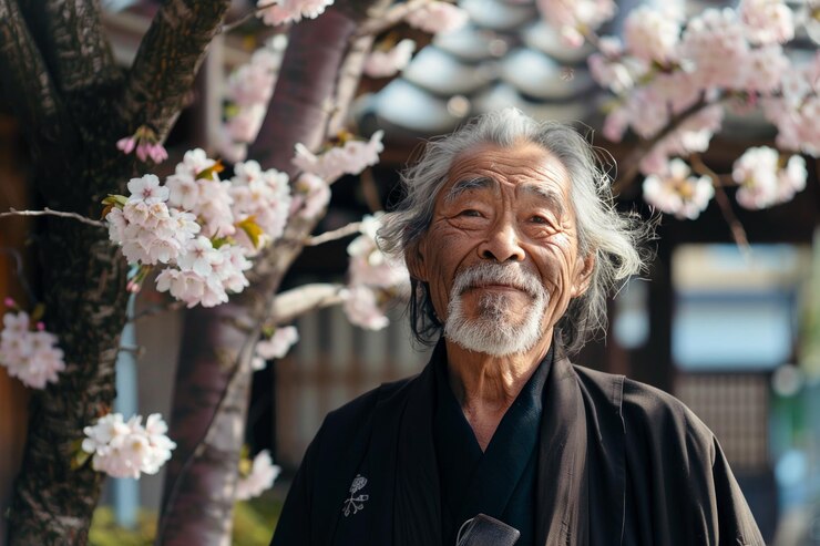 Foto um homem com barba e cabelos grisalhos está em frente a uma árvore com flores cor-de-rosa