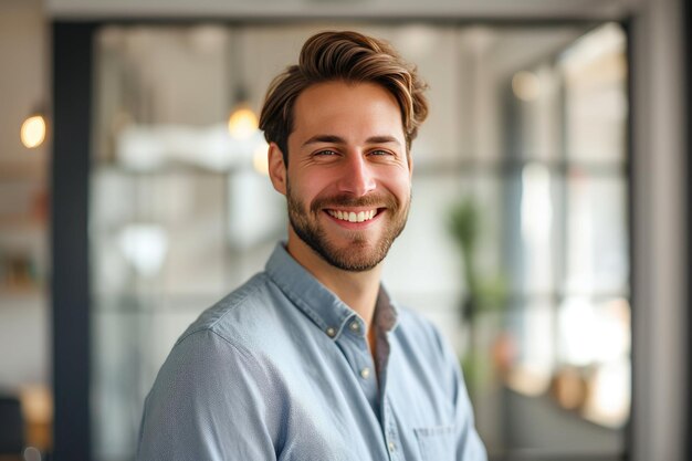 Um homem com barba e camisa azul está sorrindo.