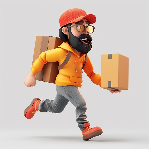 Foto um homem com barba e óculos carregando uma caixa de caixas