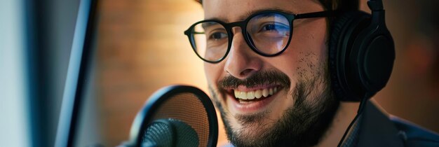 Foto um homem com barba e óculos está cantando em um microfone