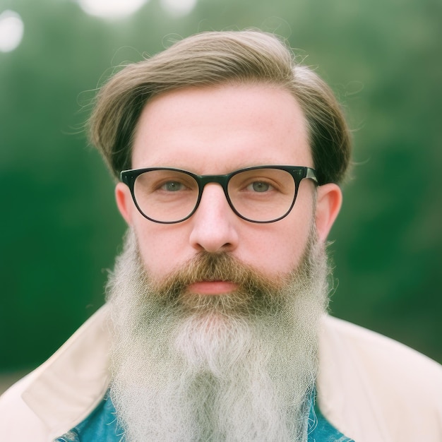 Um homem com barba e óculos está vestindo uma camisa jeans e uma camisa jeans