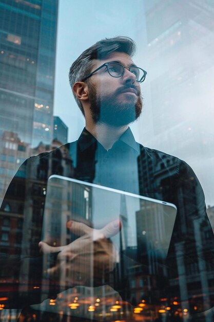um homem com barba e óculos olhando pela janela