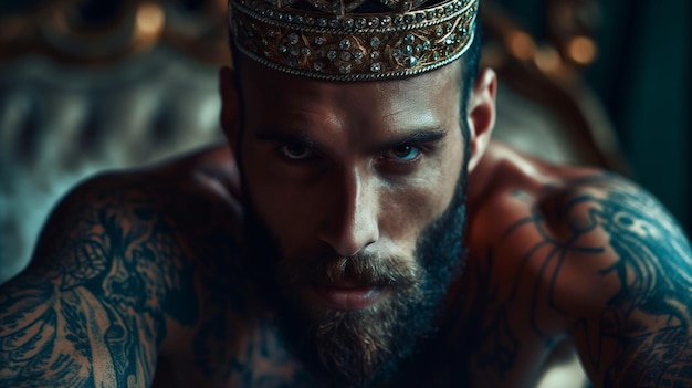 um homem com barba e tatuagens no peito está usando uma coroa