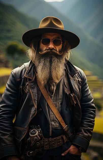 Foto um homem com barba e um chapéu com uma alça ao redor do pescoço