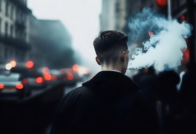 um homem com barba e um fumante está no meio de uma rua movimentada