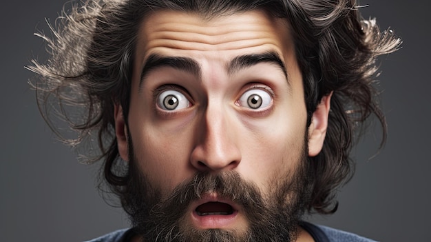 Um homem com barba e um olhar surpreso no rosto