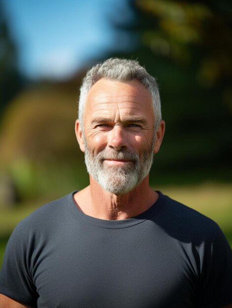 Foto um homem com barba e uma camisa azul com a palavra 