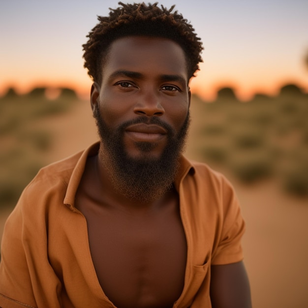 Um homem com barba e uma camisa que diz 'africa'