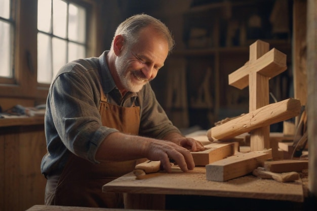 um homem com barba está construindo uma cruz feita de madeira