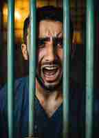 Foto um homem com barba está em uma prisão com barras que dizem zangado