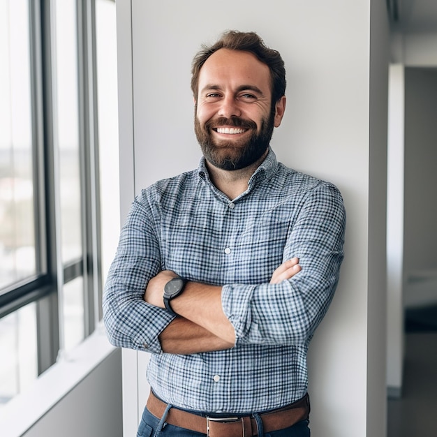 Um homem com barba está em uma sala branca com uma janela atrás dele.