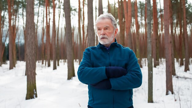 um homem com barba está na neve na frente das árvores