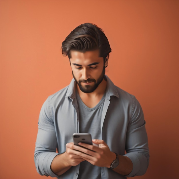 Um homem com barba está olhando para o telefone