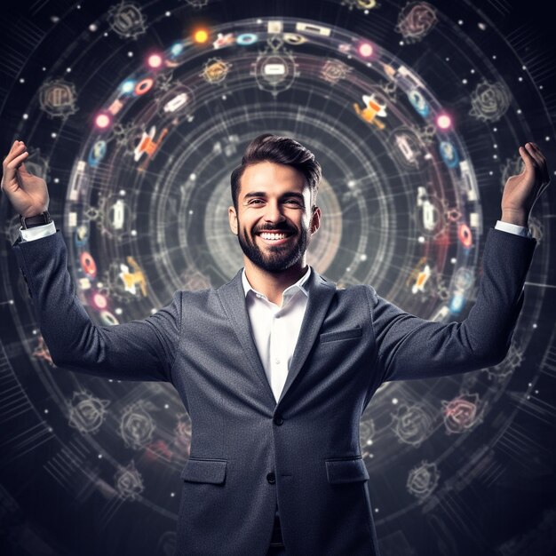 um homem com barba está parado na frente de um círculo com a palavra galáxia.
