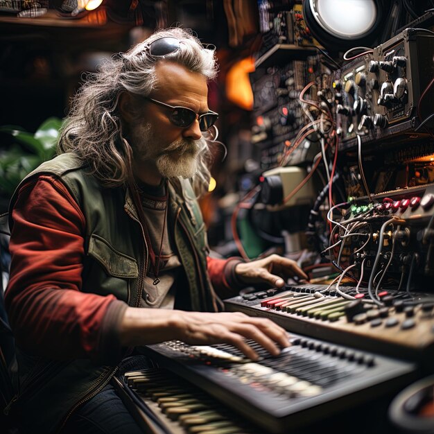 um homem com barba está sentado na frente de um teclado