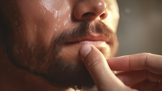 Um homem com barba está tocando o rosto ai