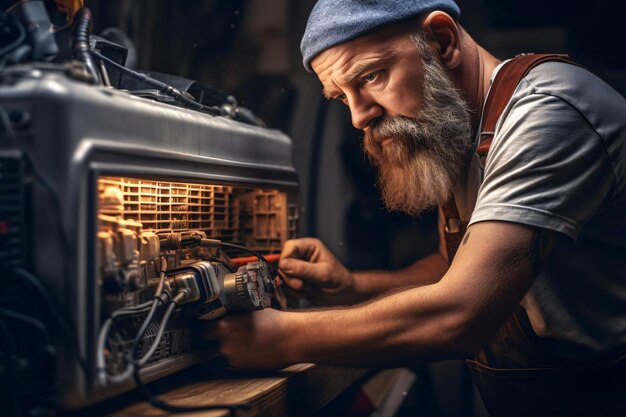 Um homem com barba está trabalhando em uma máquina