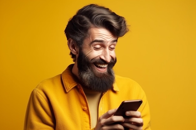 Um homem com barba olha para o telefone e ri