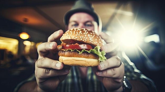 Foto um homem com barba se sente com fome e mostra hambúrguer para comer homem barbudo desfrutar de ter hamburguês para comer