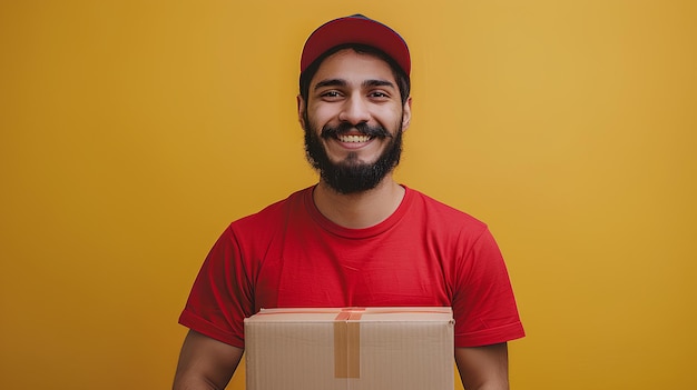 Um homem com barba segurando uma caixa na frente de um fundo amarelo com um sorriso em seu rosto um estoque